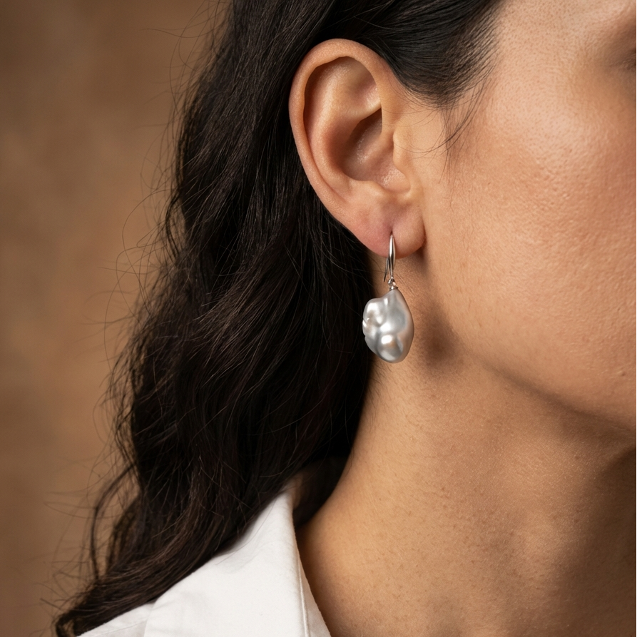 Baroque Gray Pearl Drop Earrings in Sterling Silver
