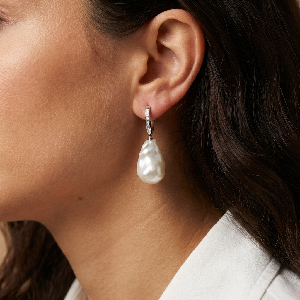 Baroque White Pearl Drop Earrings in Sterling Silver