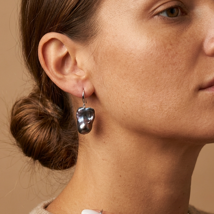 Baroque Peacock Flame ball Pearl Drop Earrings in Sterling Silver