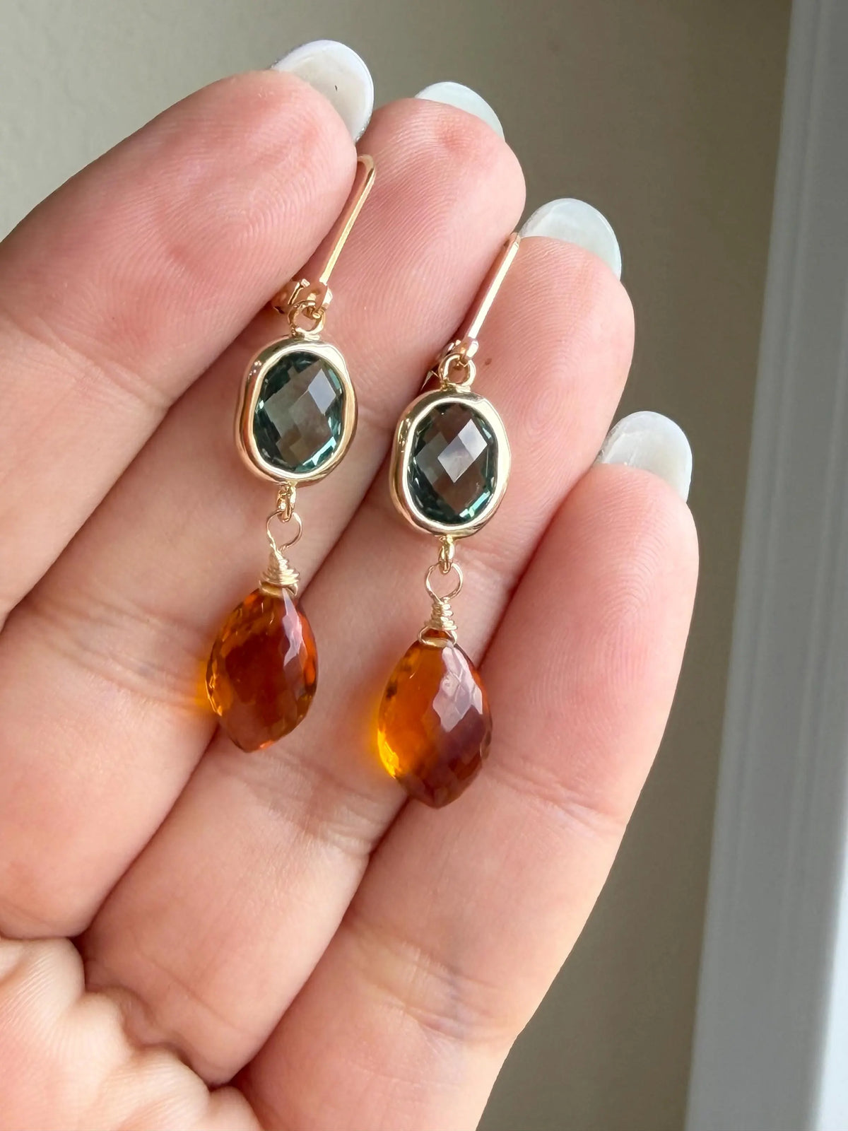 Green Topaz and Golden Citrine Statement Earrings