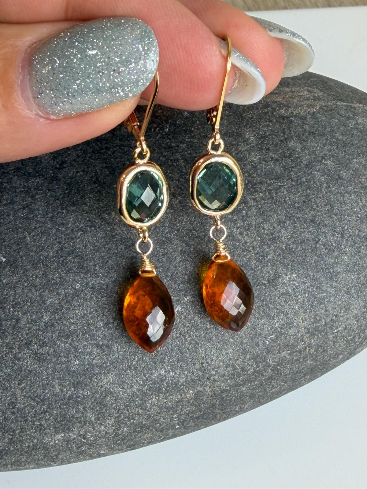 Green Topaz and Golden Citrine Statement Earrings