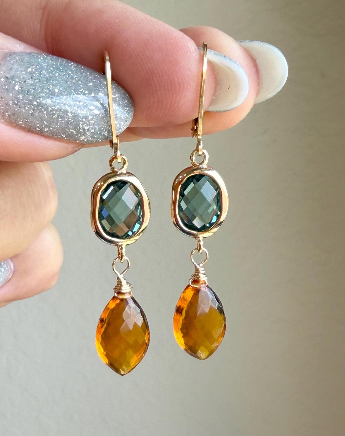 Green Topaz and Golden Citrine Statement Earrings