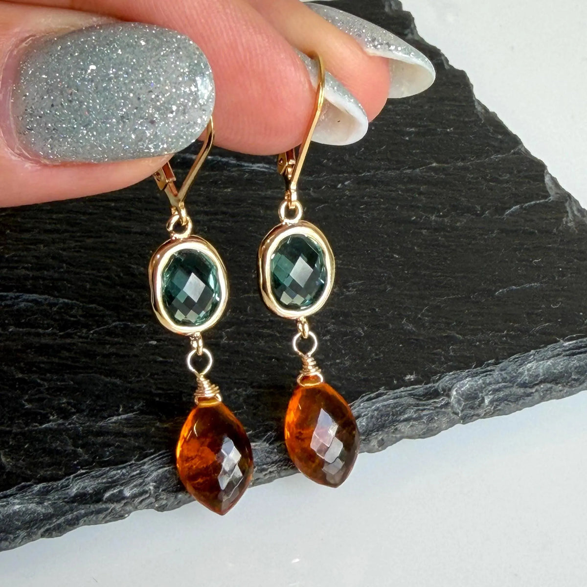 Green Topaz and Golden Citrine Statement Earrings
