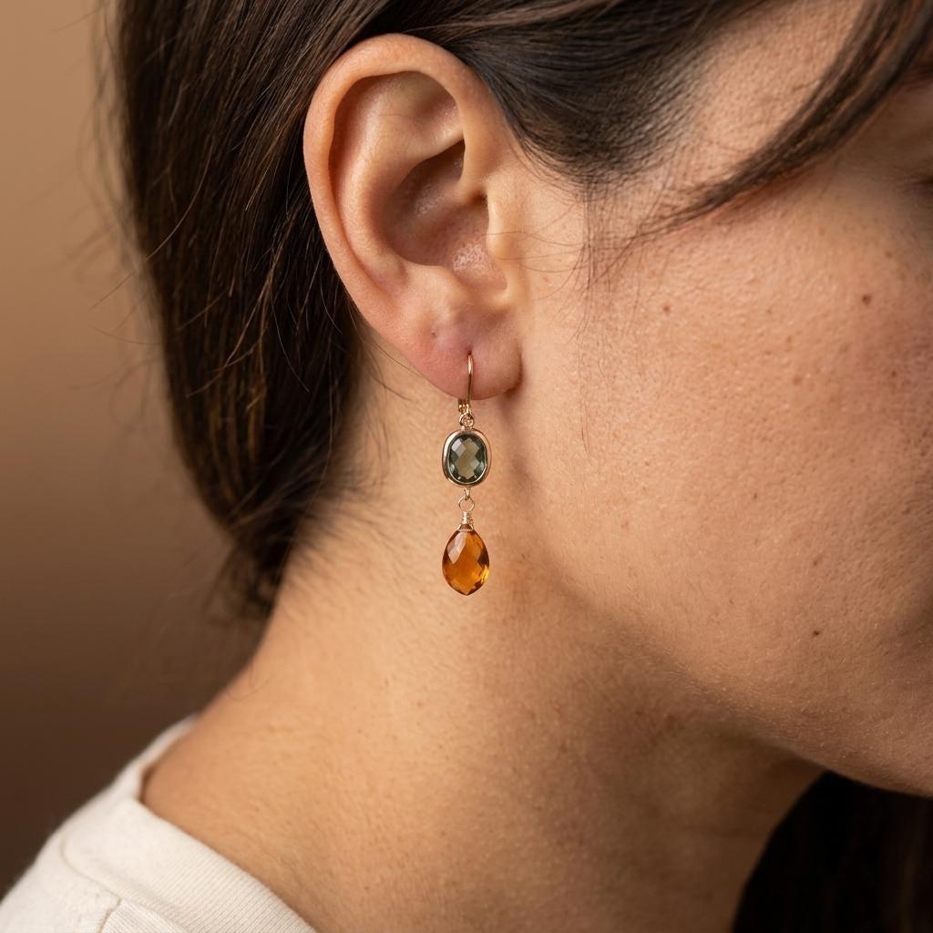 Green Topaz and Golden Citrine Statement Earrings