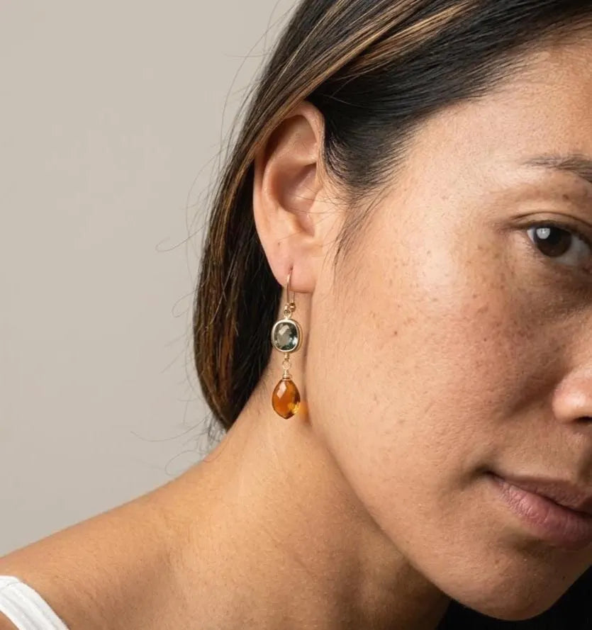 Green Topaz and Golden Citrine Statement Earrings
