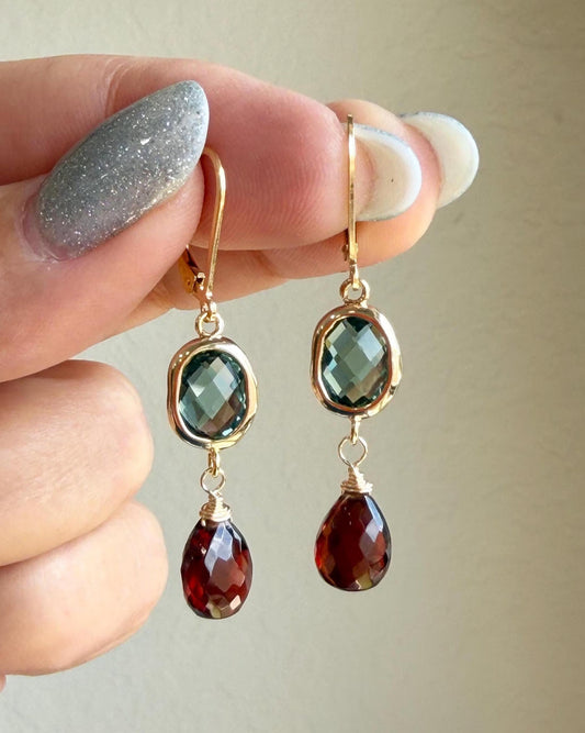 Green Topaz and Garnet Statement Earrings