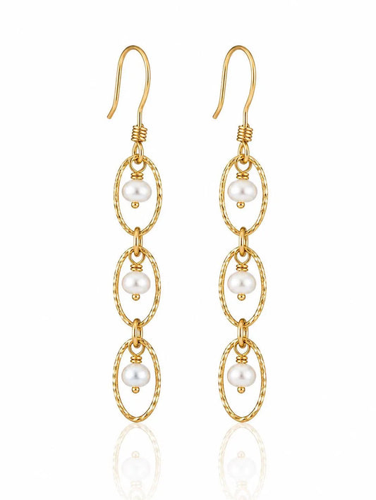 White Pearl Oval Link Earrings- June Birthstone
