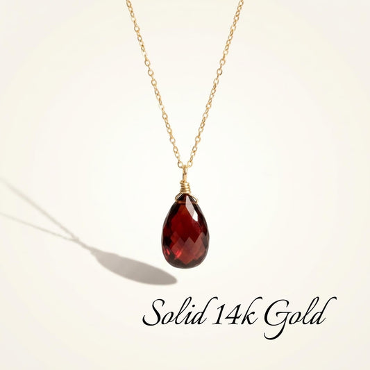 Garnet Teardrop Necklace- Solid 14k Gold January Birthstone
