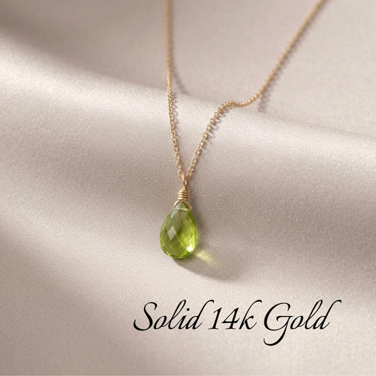 Peridot Necklace, August Birthstone, Solid 14k Gold Teardrop Jewelry