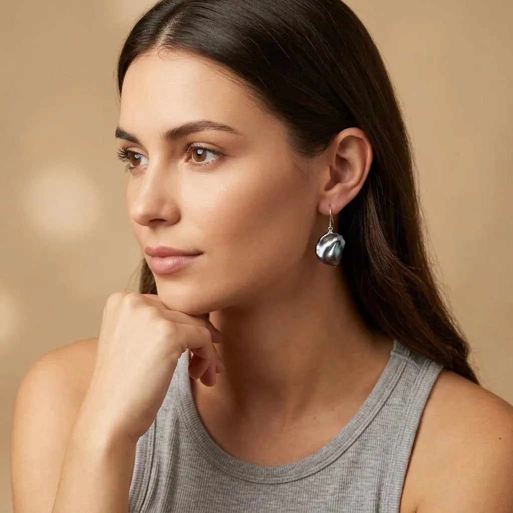 Baroque Peacock Flame ball Pearl Drop Earrings in Sterling Silver