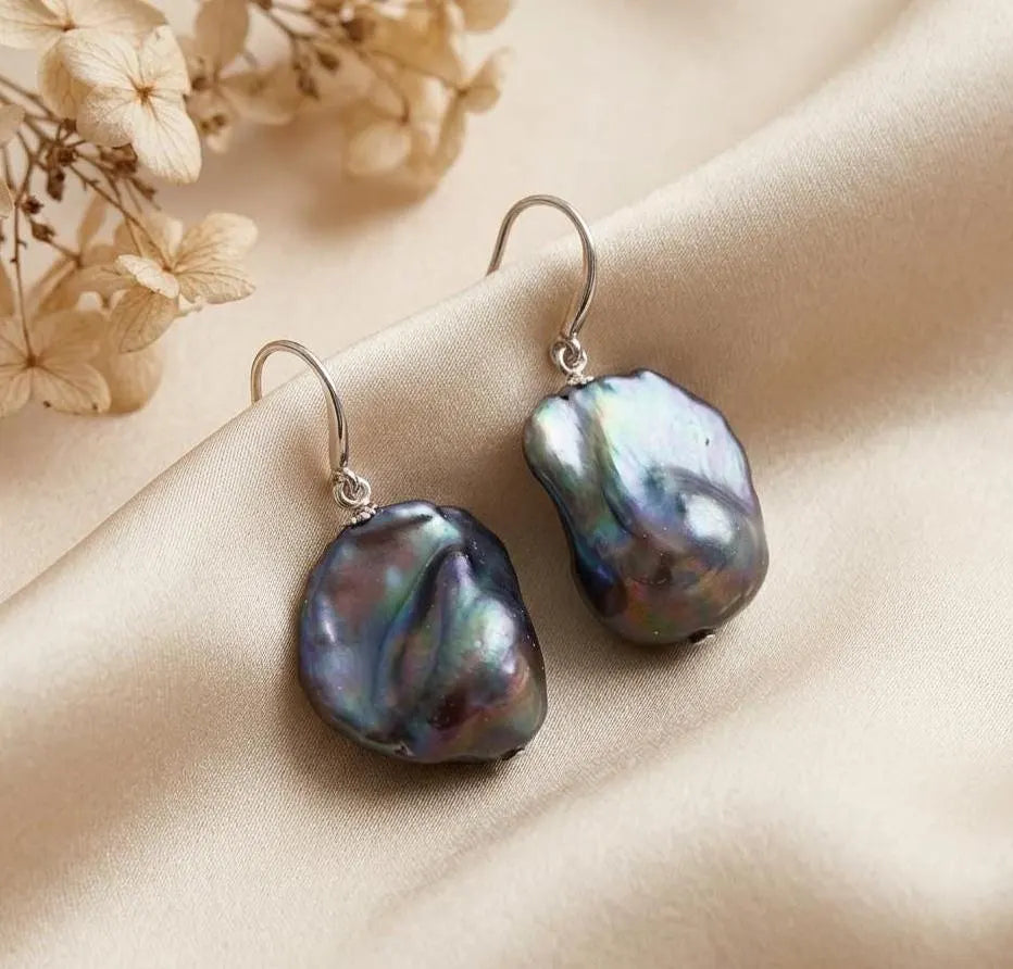 Baroque Peacock Flame ball Pearl Drop Earrings in Sterling Silver