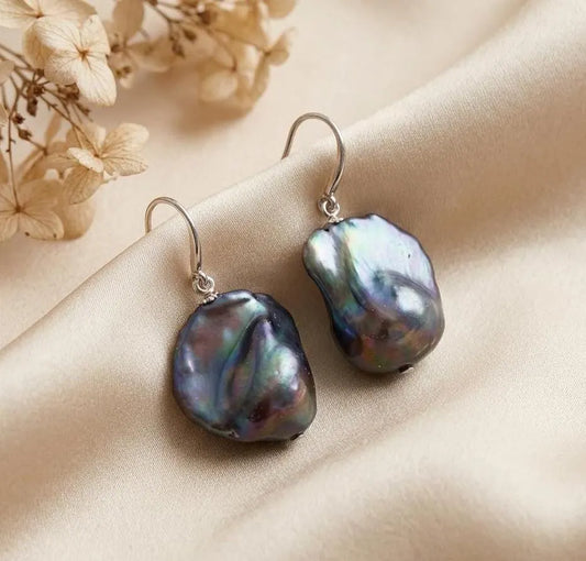 Baroque Peacock Flame ball Pearl Drop Earrings in Sterling Silver