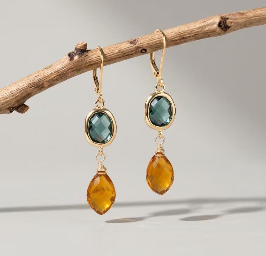 Green Topaz and Golden Citrine Statement Earrings