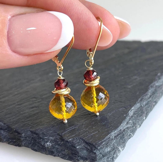 Yellow Topaz and Garnet Earrings