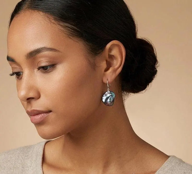 Baroque Peacock Flame ball Pearl Drop Earrings in Sterling Silver