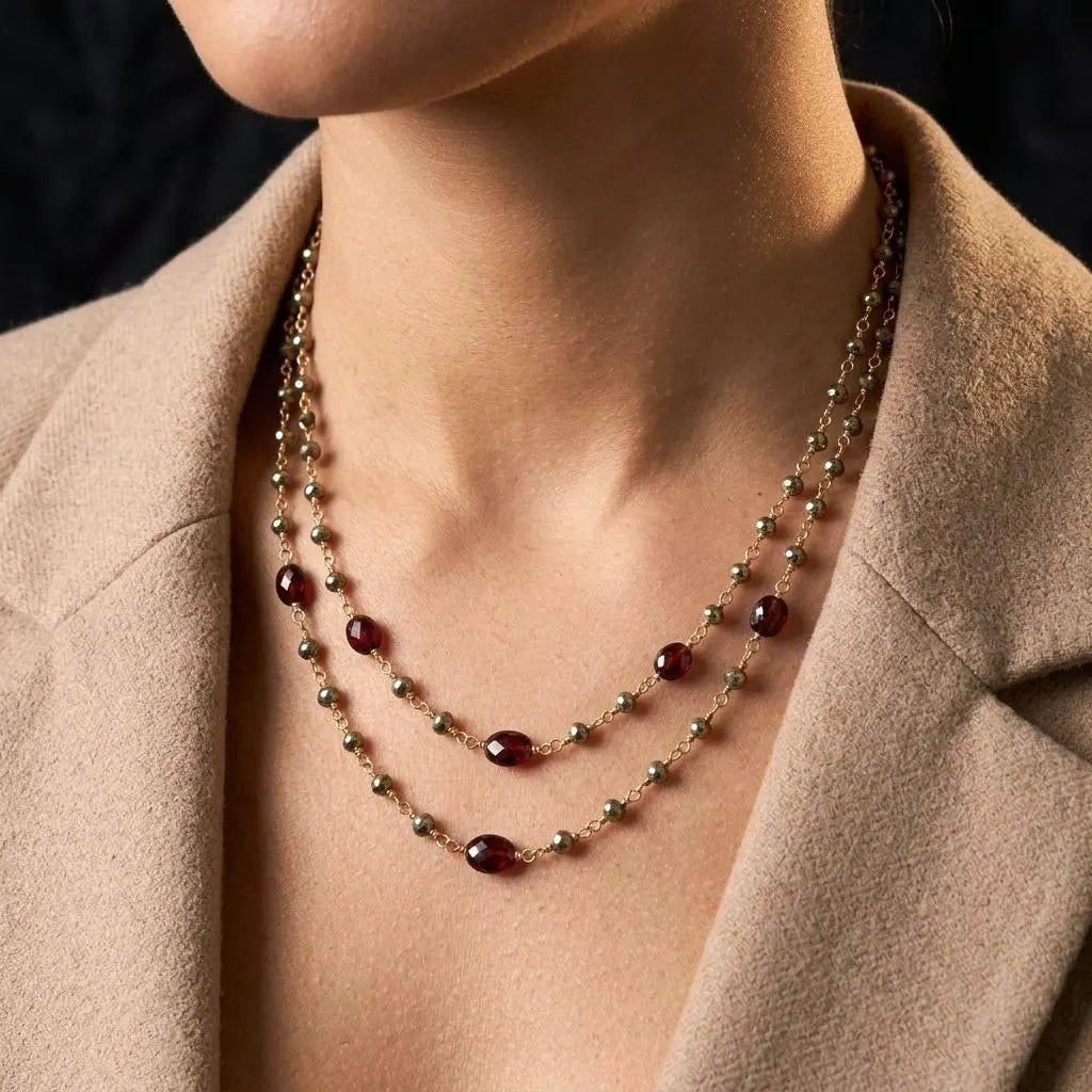 Garnet and Pyrite Long Beaded Necklace