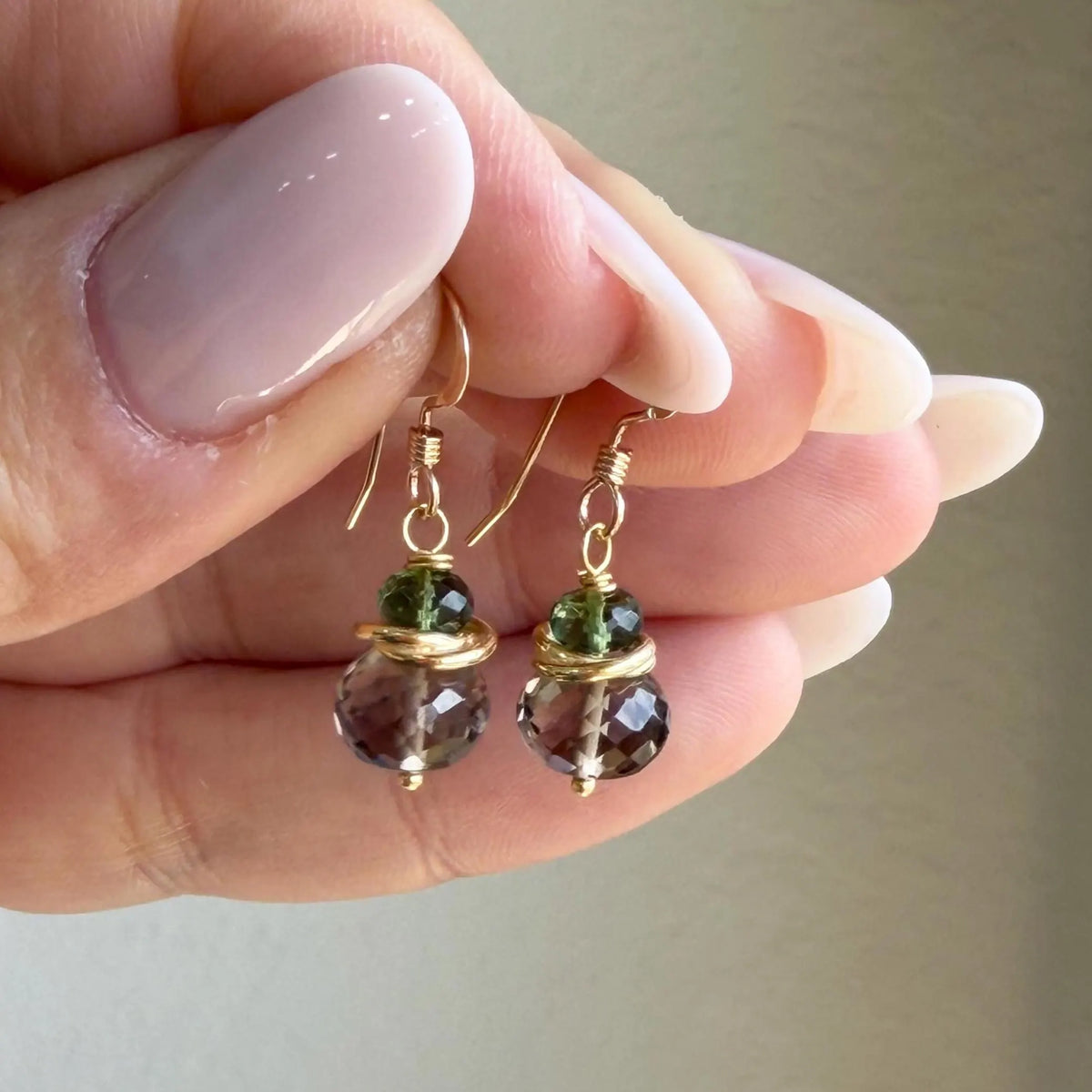 Smokey Topaz and Green Topaz Minimalist Earrings