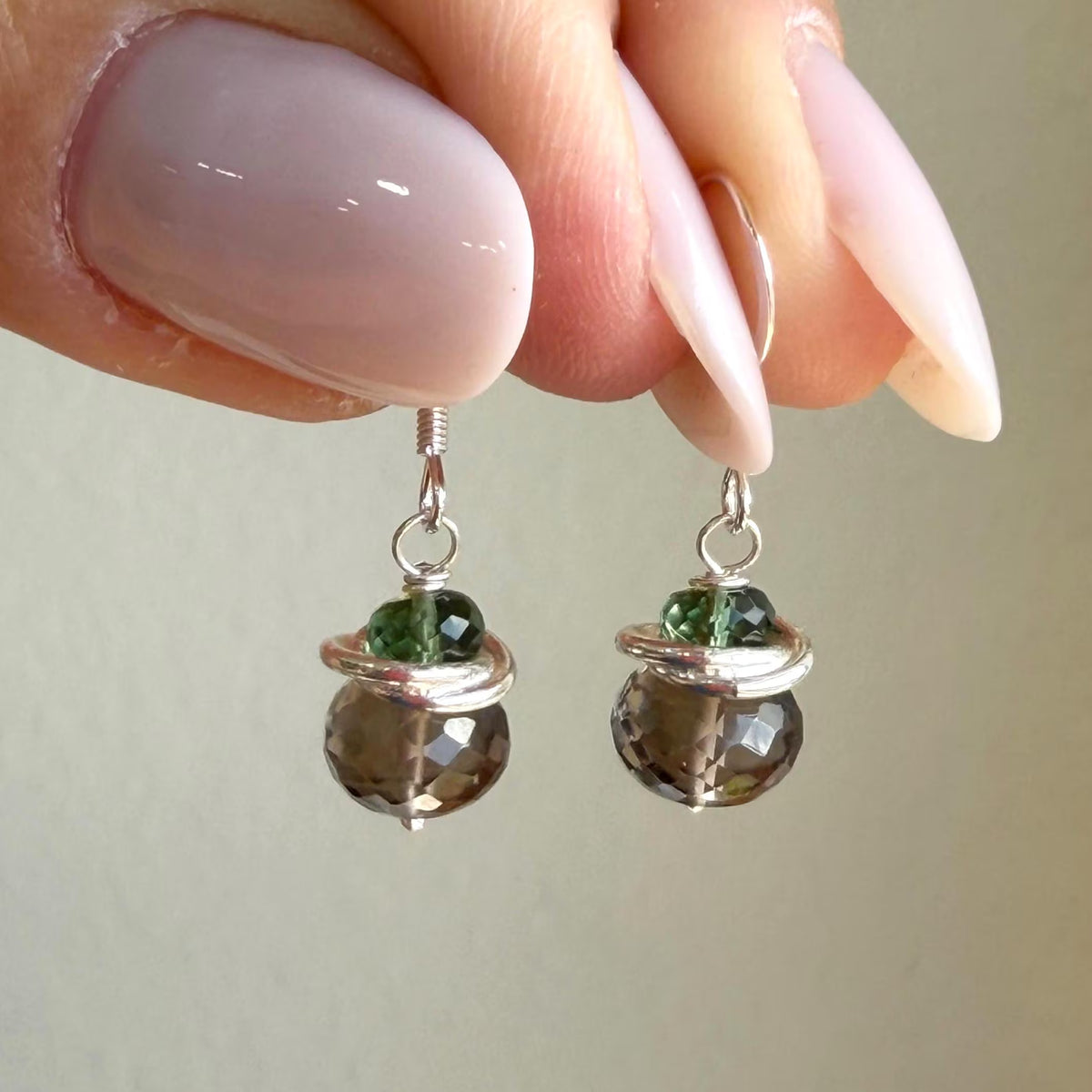 Smokey Topaz and Green Topaz Minimalist Earrings