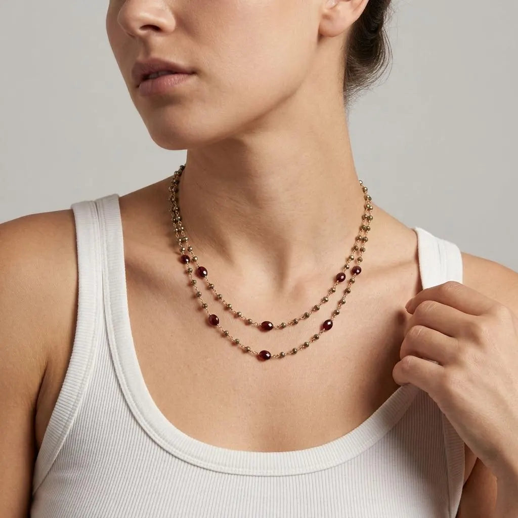 Garnet and Pyrite Long Beaded Necklace