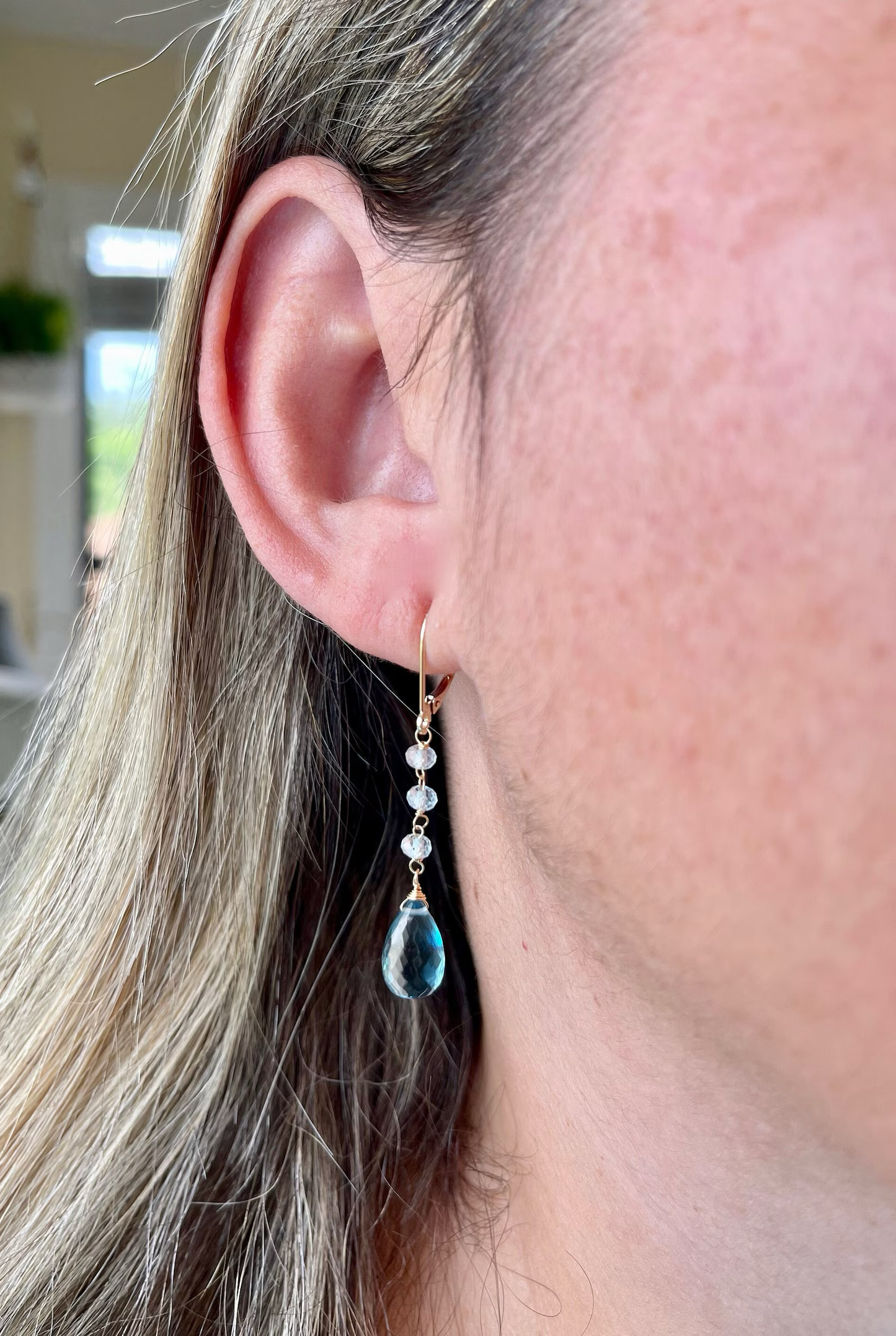 London Blue Topaz Elongated Earrings- Solid 14k Gold December Birthstone