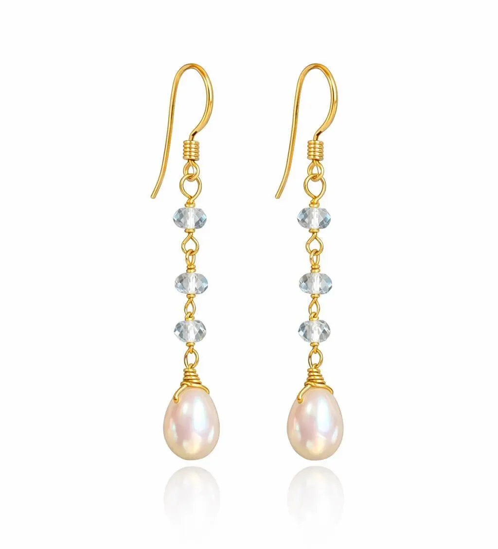 Pearl and Aquamarine Dangle Earrings, March and June Birthstone