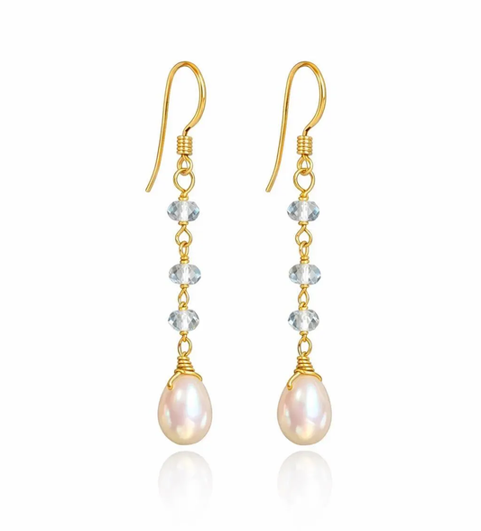 Pearl and Aquamarine Dangle Earrings, March and June Birthstone
