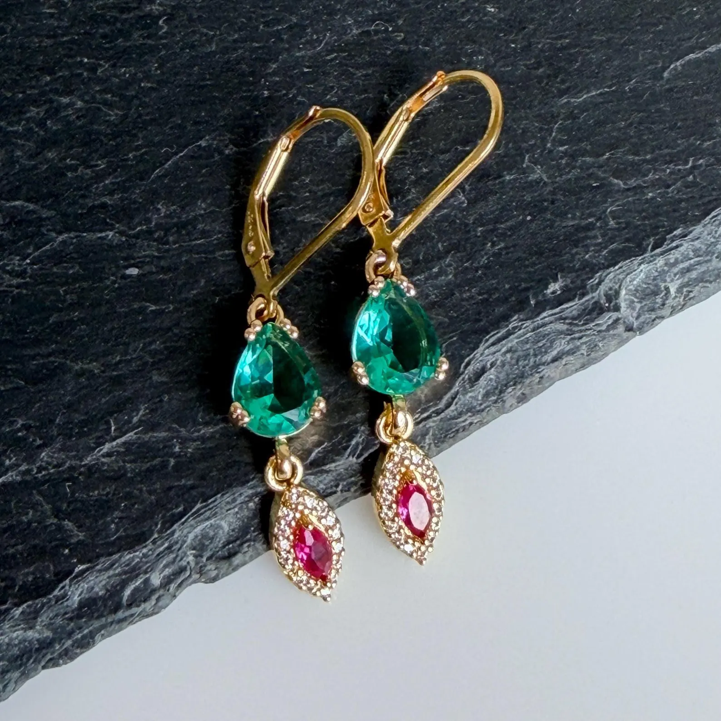Apatite and Pink Zircon Earrings, Teal Green and Hot Pink Dangle Earrings in Gold,