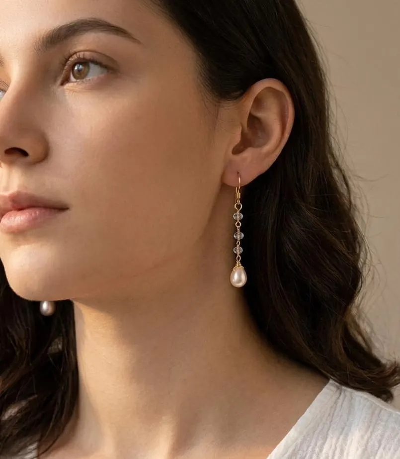 Pearl and Aquamarine Dangle Earrings, March and June Birthstone