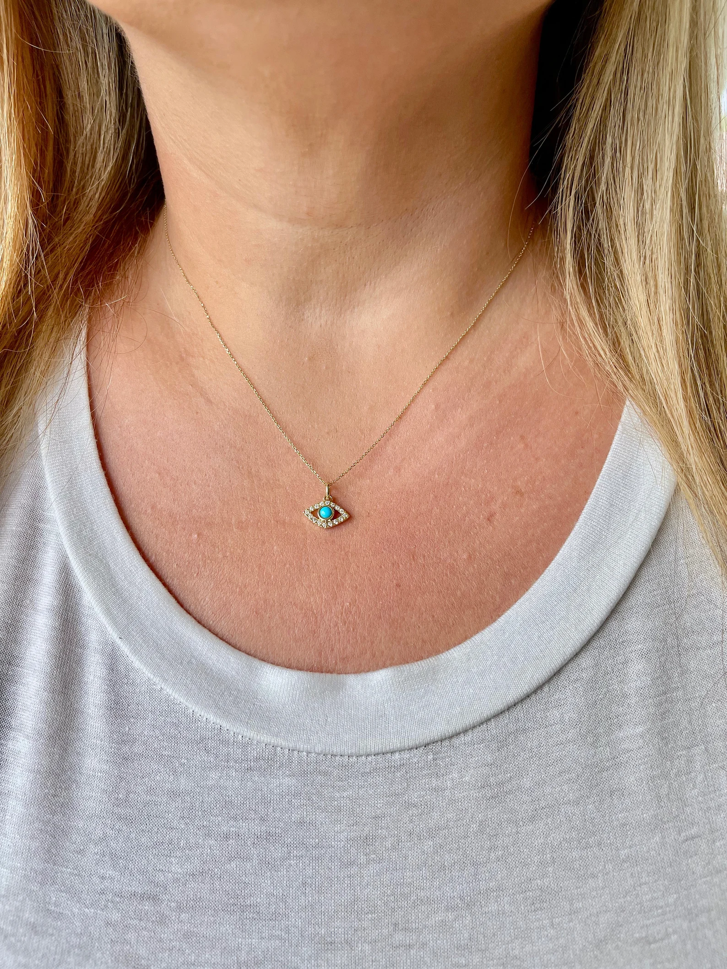Diamond and Turquoise Evil Eye Necklace- Solid 14k Yellow Gold