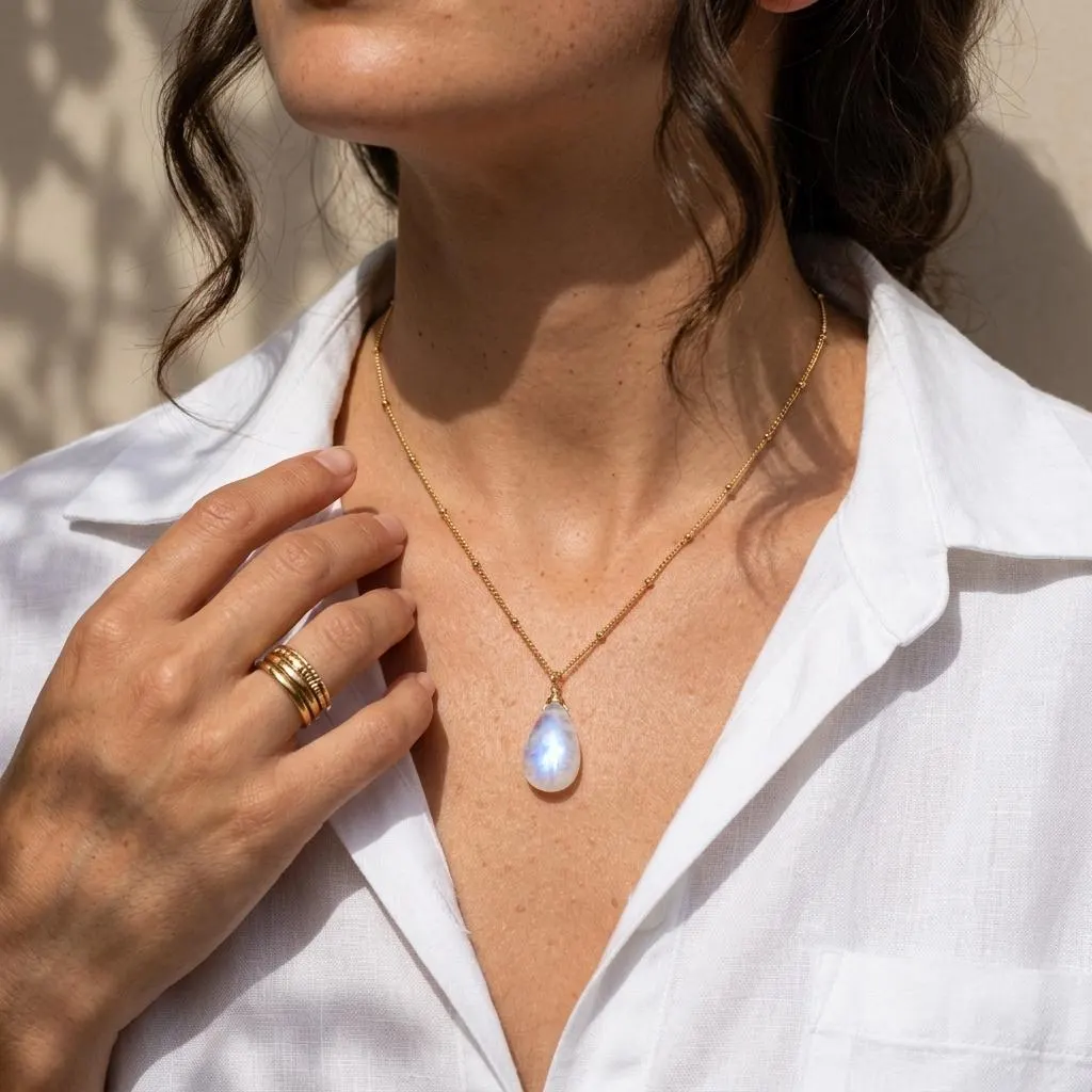 Rainbow Moonstone Smooth Teardrop Necklace- June Birthstone
