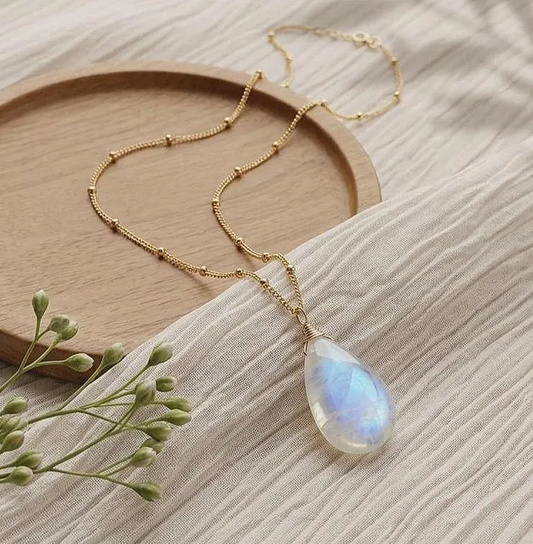 Rainbow Moonstone Smooth Teardrop Necklace- June Birthstone