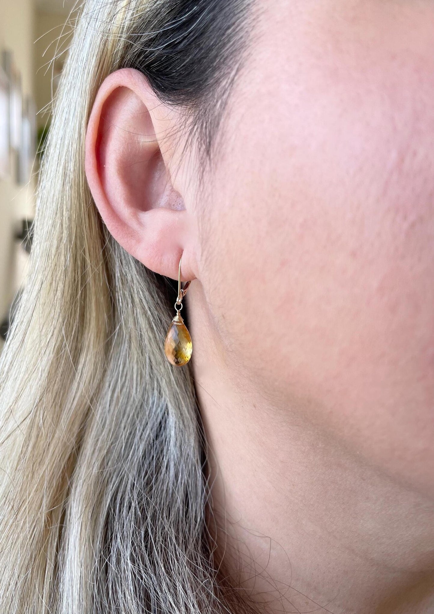 Yellow Topaz Earrings, Solid 14k Gold Teardrop Earrings, November Birthstone