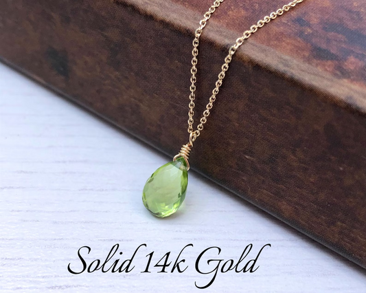 Peridot Necklace, August Birthstone, Solid 14k Gold Teardrop Jewelry