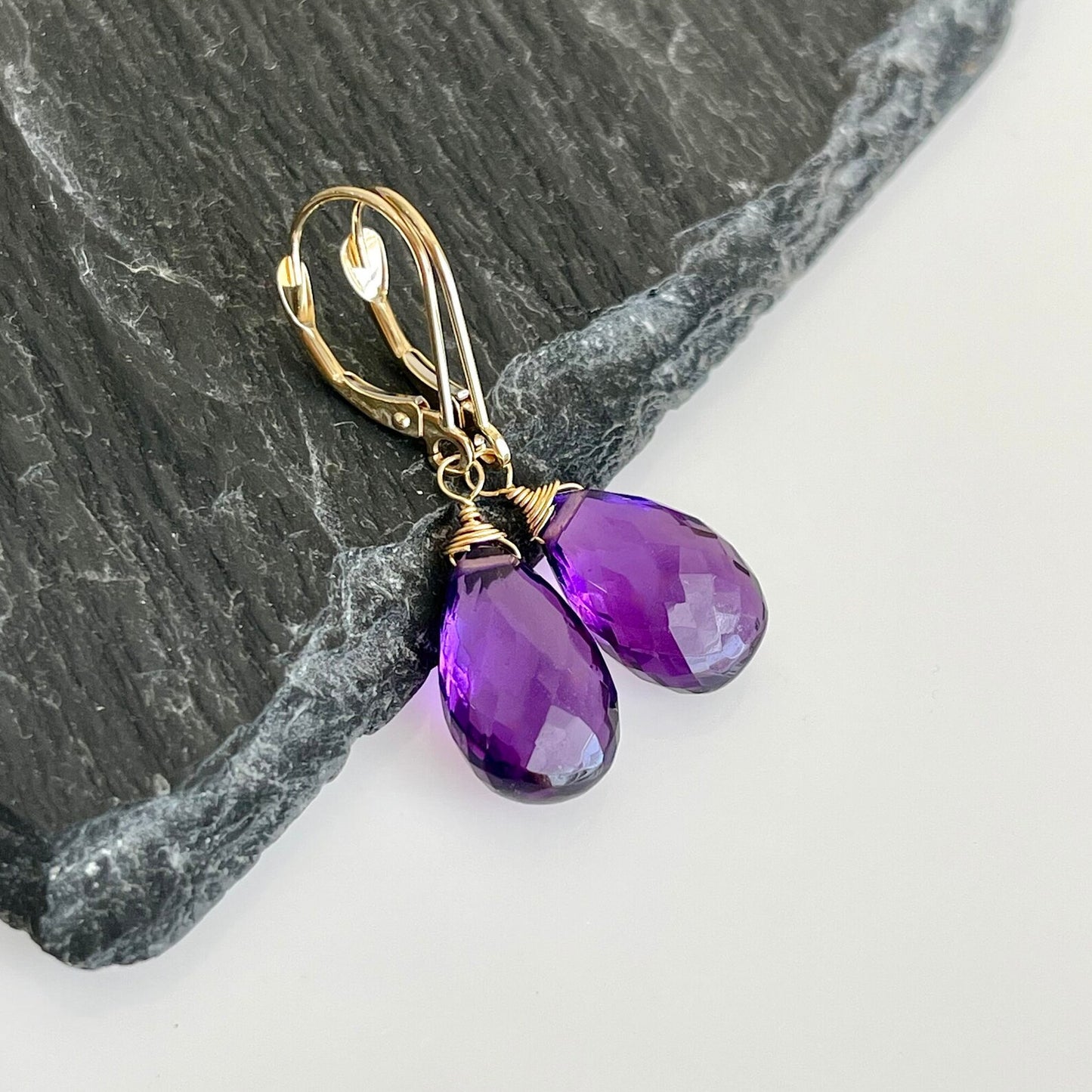 Amethyst Teardrop Earrings- Solid 14k Gold February Birthstone