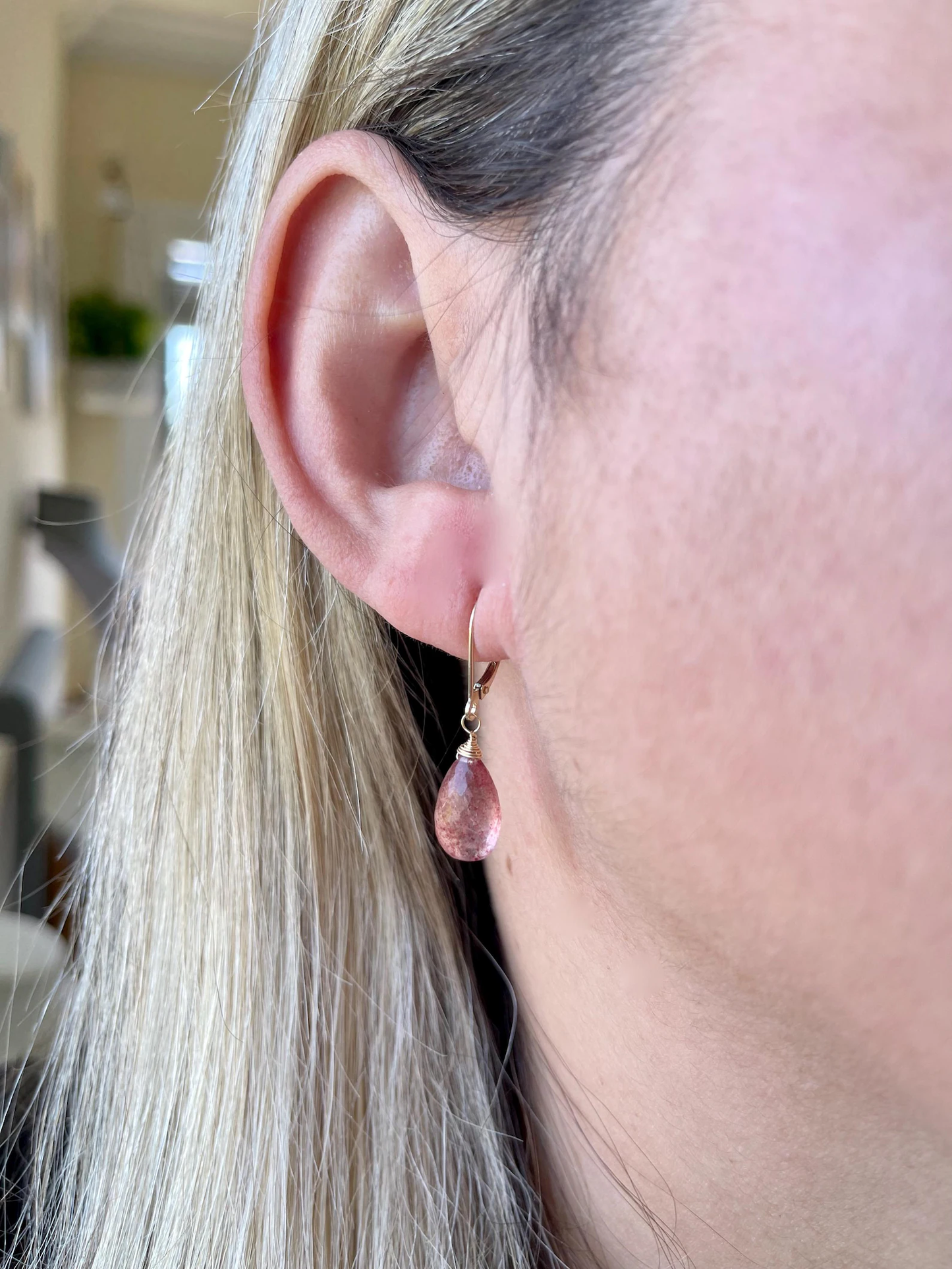Strawberry Quartz Drop Earrings- Solid 14k Gold