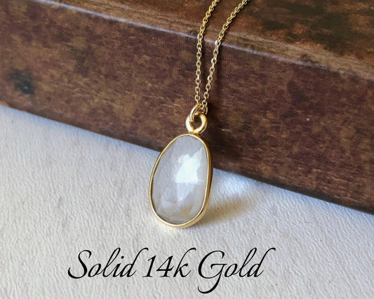 White Topaz Free Form Necklace- Solid 14K Gold April Birthstone