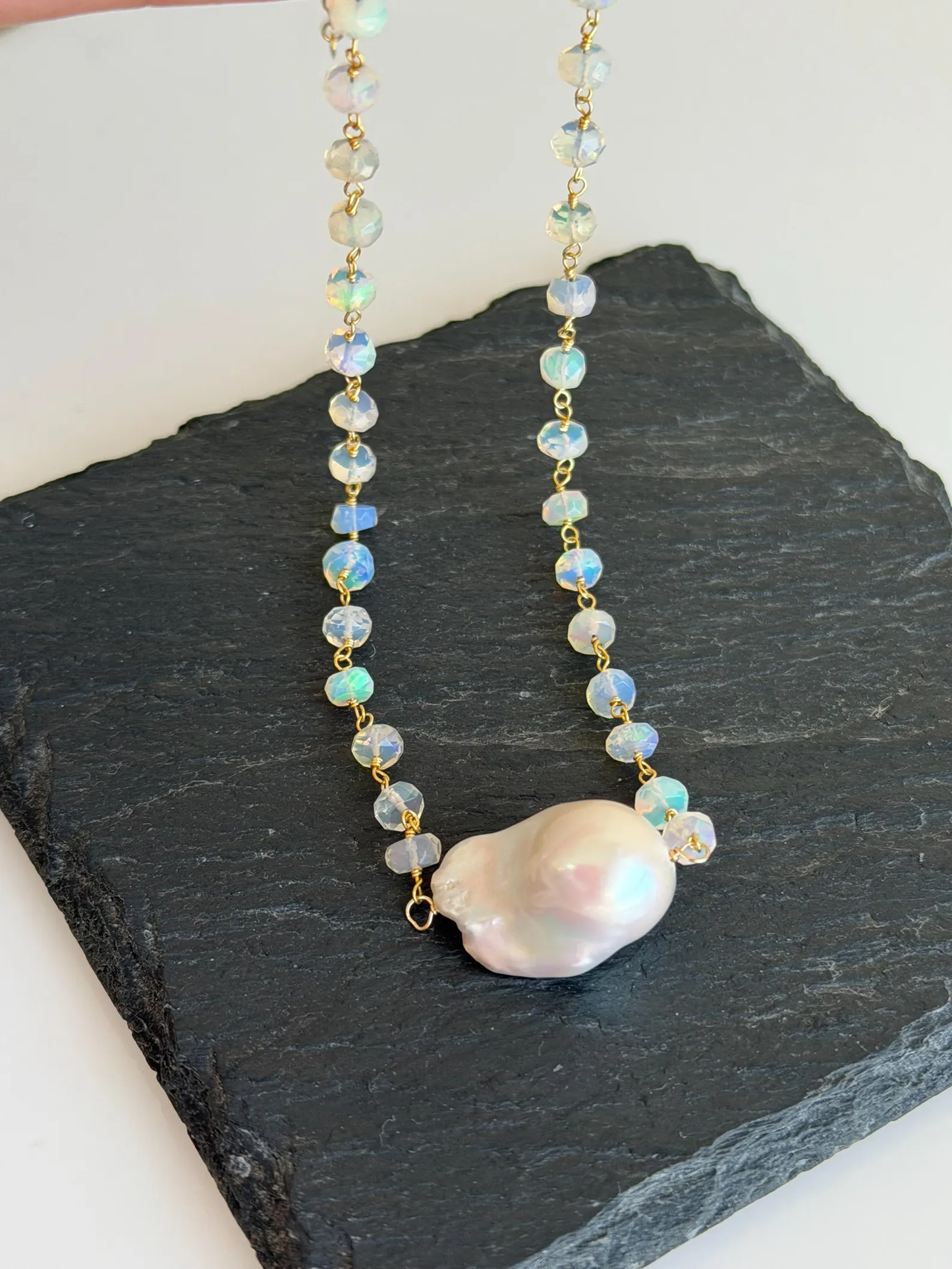 Baroque Pearl and Ethiopian Opal Beaded Necklace in Gold Filled, June and October Birthstone