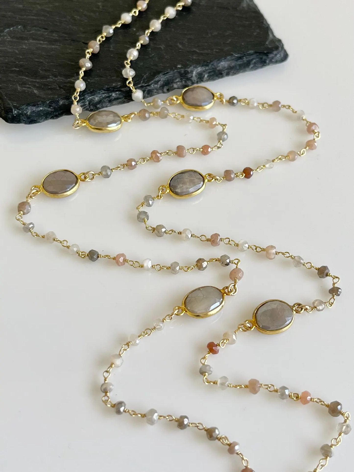 Multicolor Moonstone Long Beaded Necklace