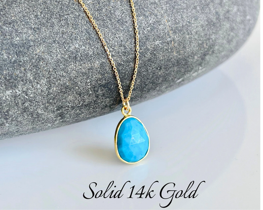 Turquoise Necklace, December Birthstone, Solid 14k Gold Oval Pendant in Real Yellow Gold, Turquoise Jewelry, Gift for her