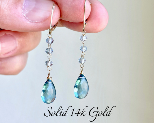 London Blue Topaz Elongated Earrings- Solid 14k Gold December Birthstone