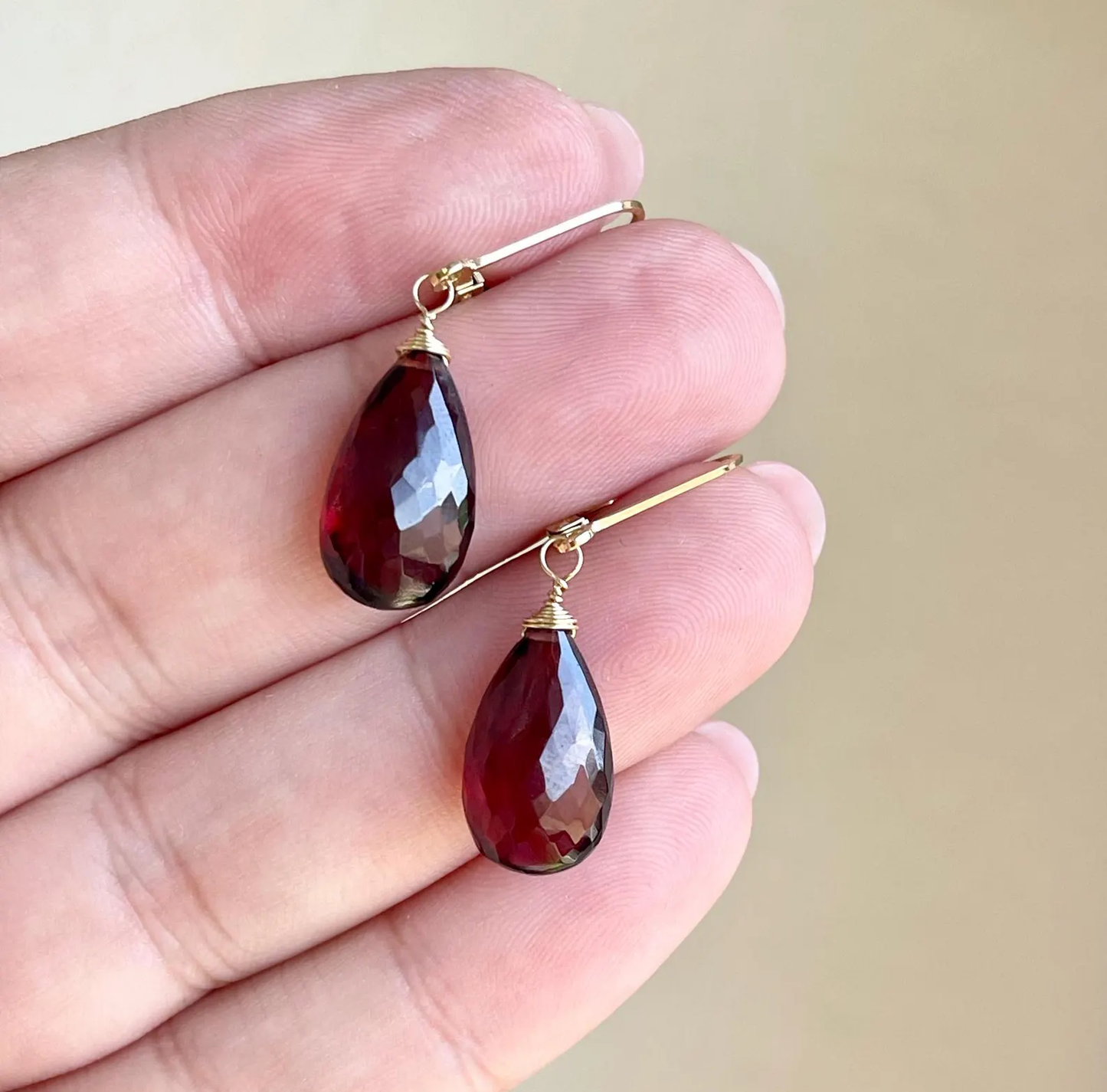 Garnet Teardrop Earrings- Solid 14k Gold