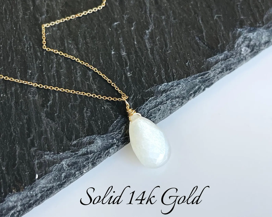 White Moonstone Necklace- Solid 14k Gold June Birthstone