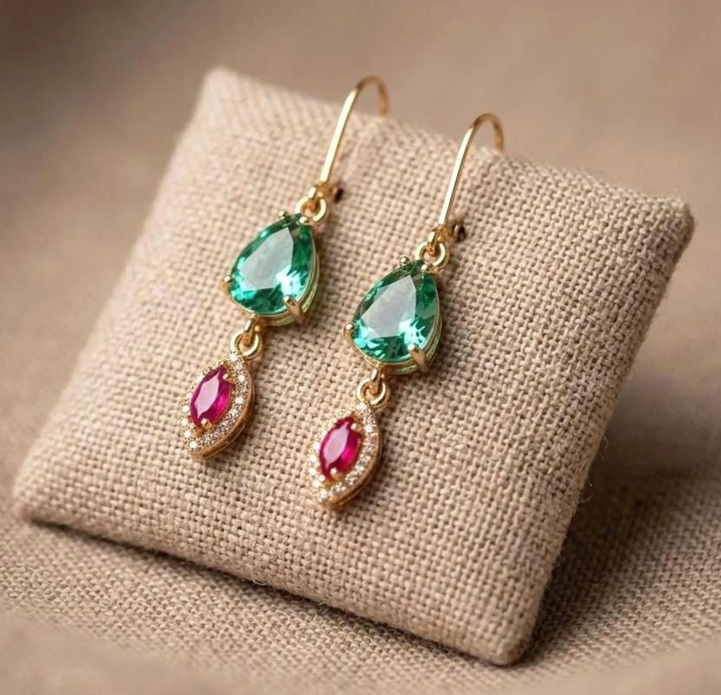 Apatite and Pink Zircon Earrings, Teal Green and Hot Pink Dangle Earrings in Gold,