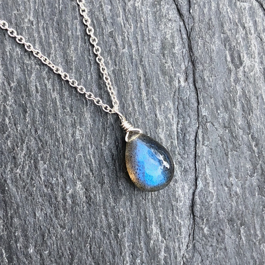 Labradorite Smooth Teardrop Necklace, Blue Flash Drop Jewelry
