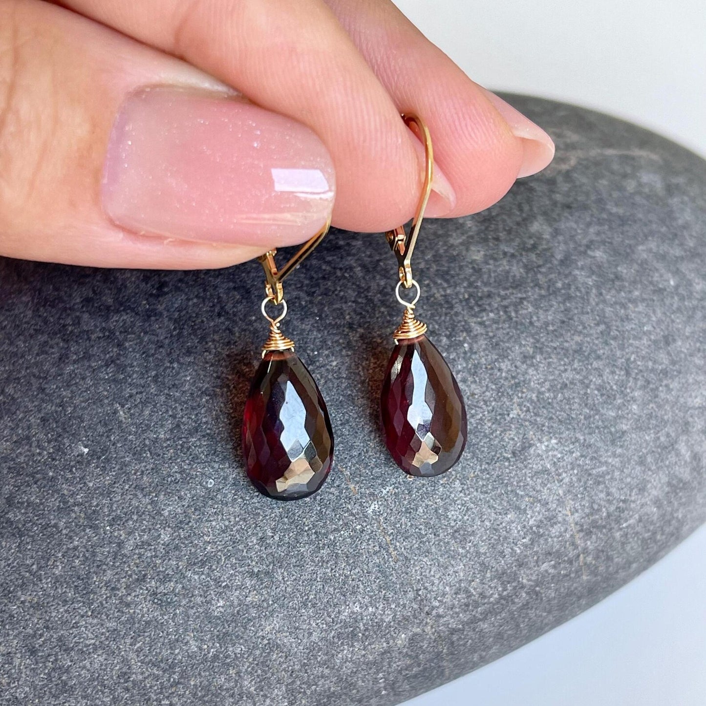 Garnet Teardrop Earrings- Solid 14k Gold