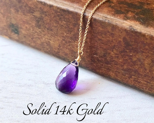 Amethyst Teardrop Necklace in Solid 14k Gold