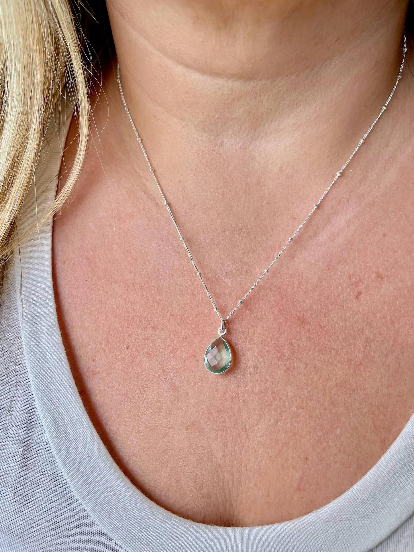 Green Amethyst Teardrop Bezeled Necklace