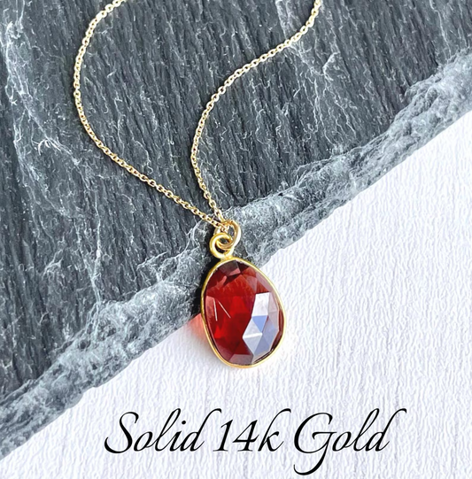 Garnet Oval Bezeled Necklace-Solid 14k Gold