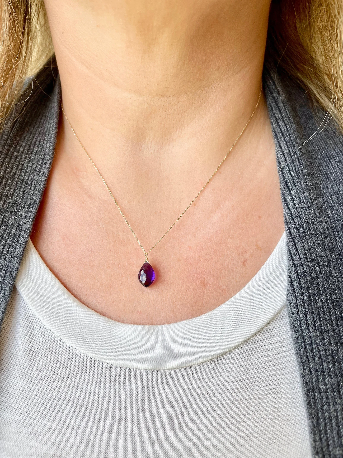 Amethyst Necklace, February Birthstone, Solid 14k Gold, Purple Amethyst Pendant, Genuine 14k chain, Dainty Layering Jewelry, Gift for her