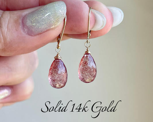 Strawberry Quartz Drop Earrings- Solid 14k Gold